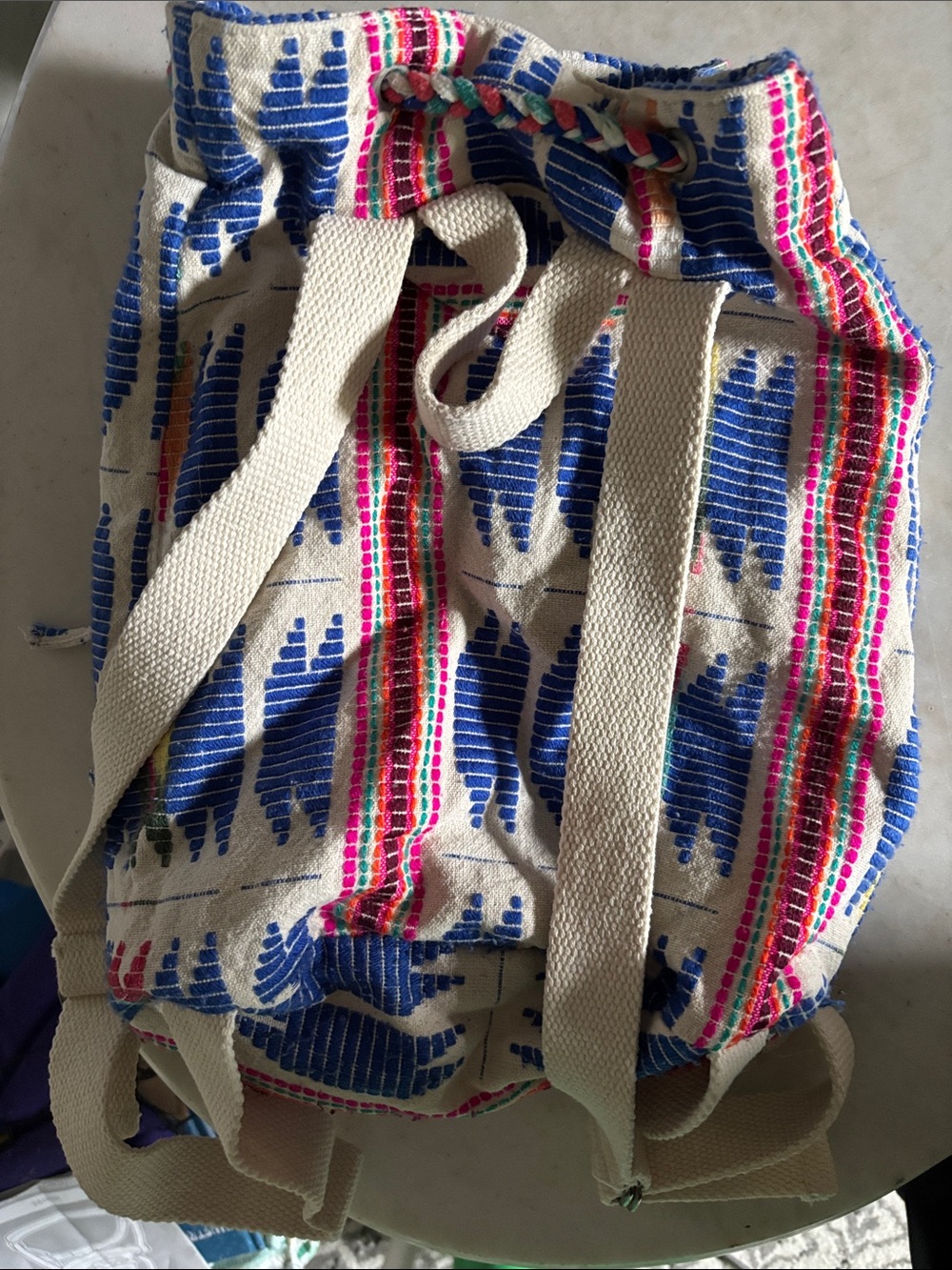 Boho Woven Drawstring Backpack in Blue-Multicolor - Picture 4 of 5